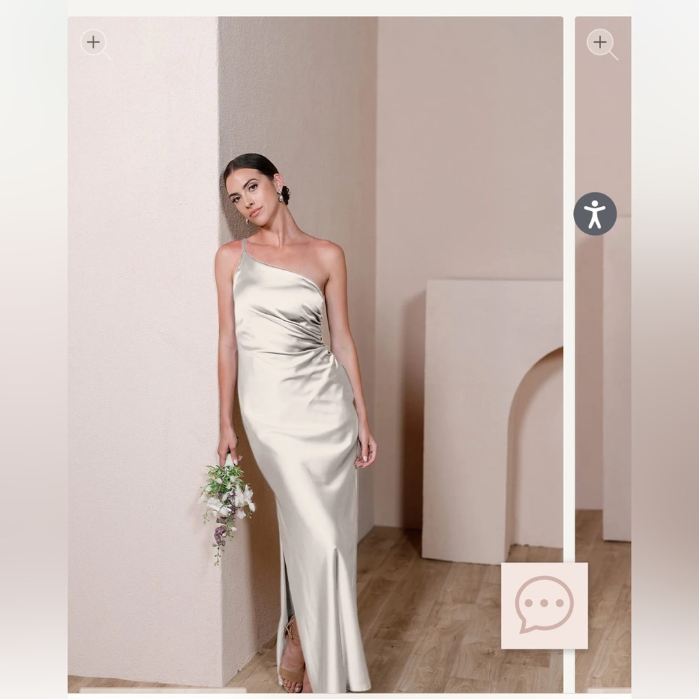 Revelry jade satin gown in soft champagne size 6 petite